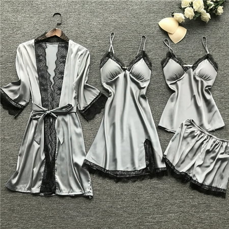 

Wandatree Lingerie Women Silk Lace Robe Dress Babydoll Sleepwear Nightdress Pajamas Set