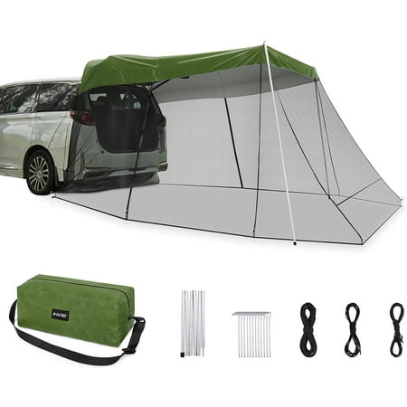 Car Awning Sun Shelter with Mosquito Net, Portable SUV Tent Tailgate Shade Car Canopy for Outdoor Camping Car Travel (Army Green)