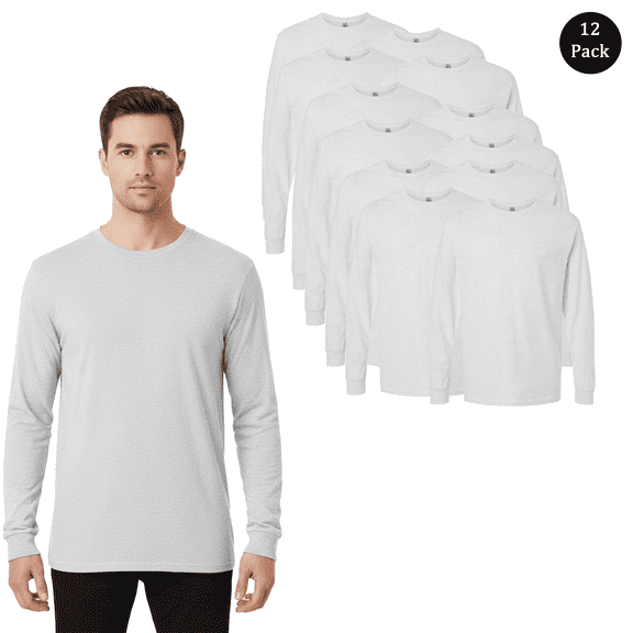 Gildan Men Heavy Cotton Long Sleeve T-Shirt, Durable Crew Neck Ash Printable Blank Tee, 12 Pack, S