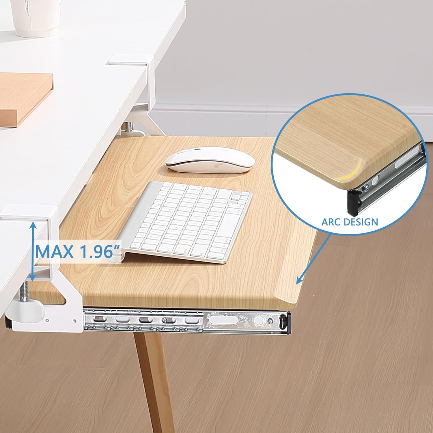 Under Desk Keyboard Tray with Slide Pull Out, C Clamp Mount, Ergonomic Computer Stand for Home Office, White, 19.7" x 12.2" Small Size