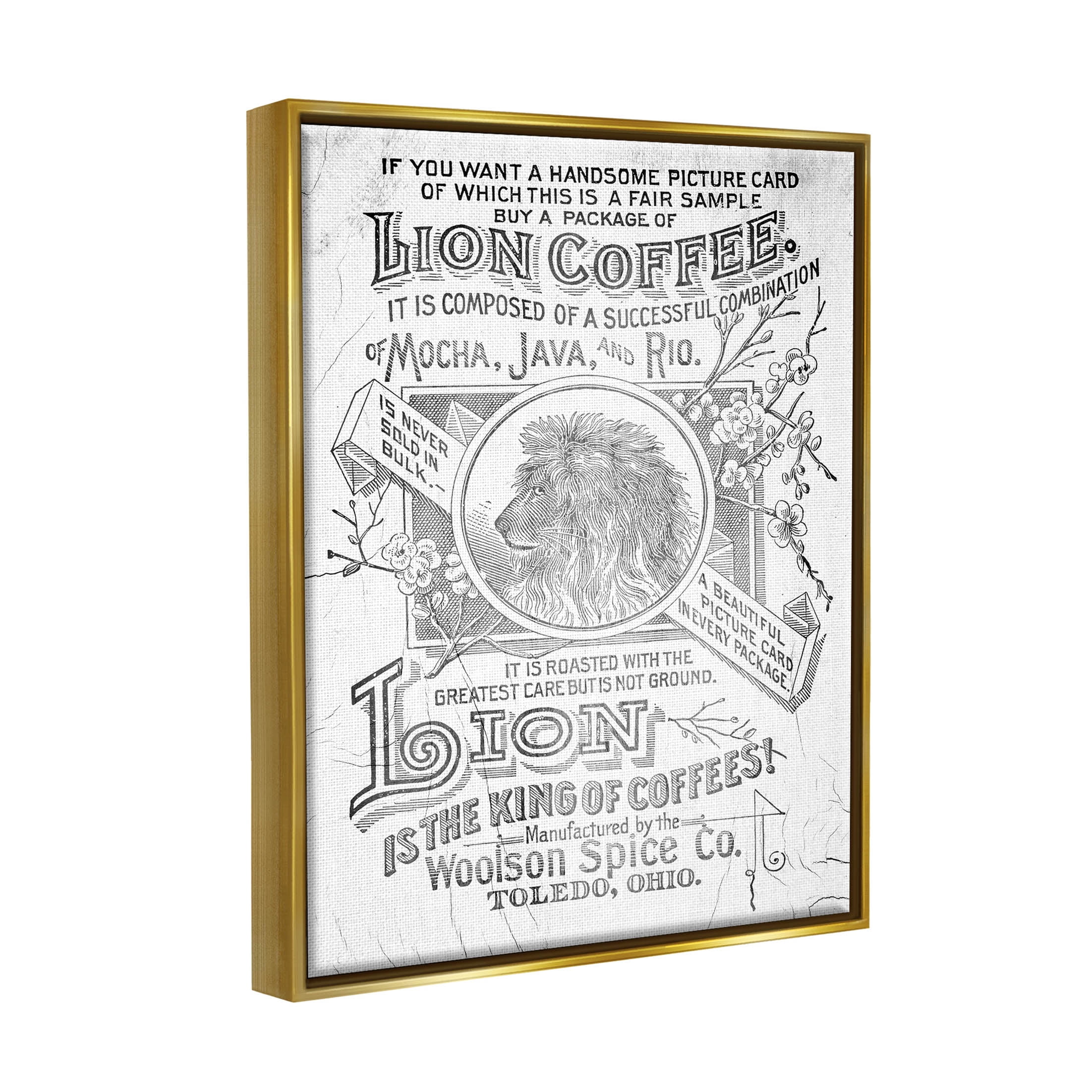 Stupell Industries Vintage Lion Coffee Poster Graphic Art Metallic Gold Floating Framed Canvas Print Wall Art, Design by Lil' Rue