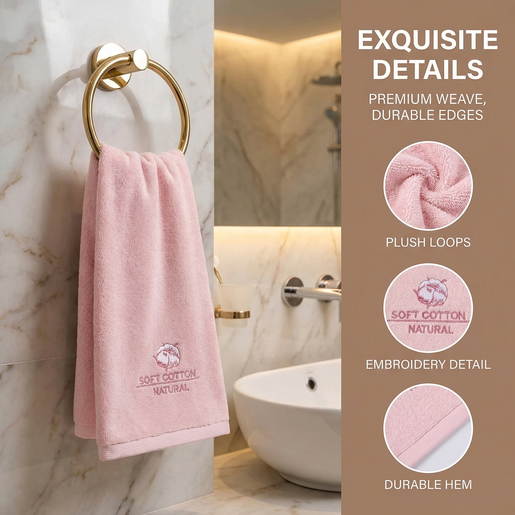 Unique Bargains Ultra Soft Cotton Absorbent Hand Towel with Embroidery Pink 29" x 13"