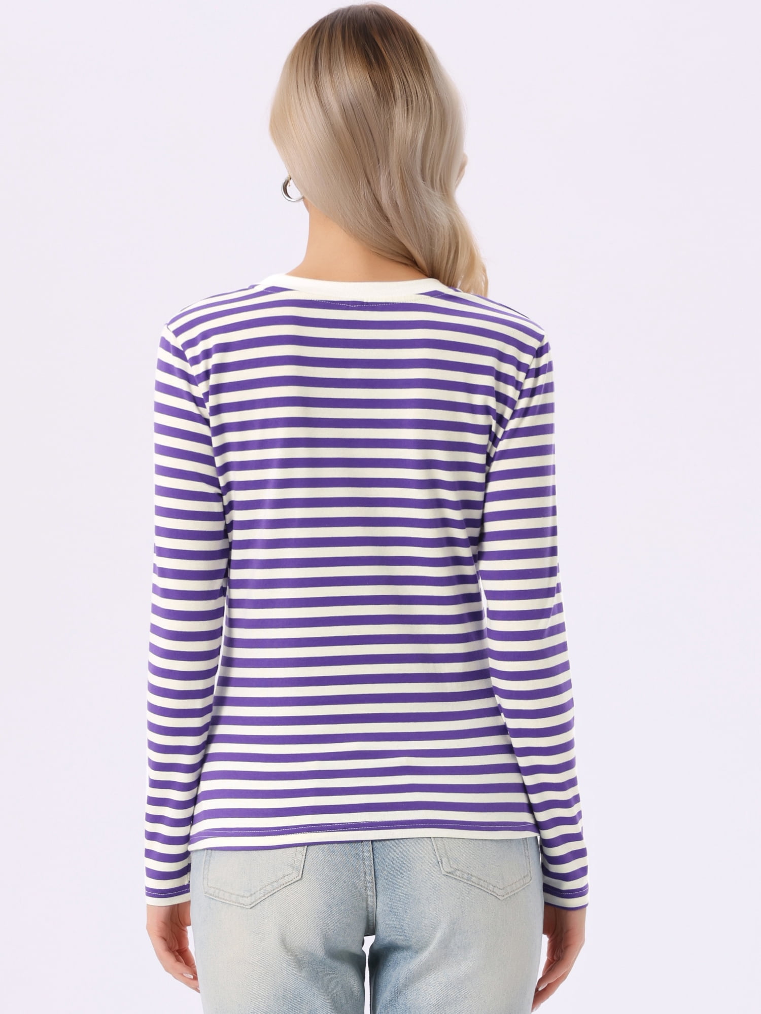 DARING DIVA Women's Striped Long Sleeve Cotton Crew Neck Tees L Deep Purple Stripe