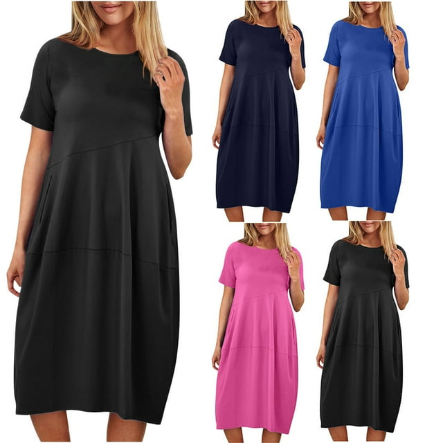 Gspmoly Robes pour Femmes, Robe Midi d'Été pour Femme Décontractée Ample à Col Rond à Manches Courtes T-Shirt Robe Soleil avec Poches Robes de Cocktail jusqu'à 65 % de Rabais