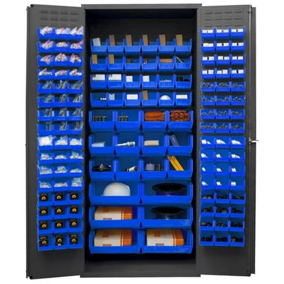 14 Gauge Flush Door Style Heavy Duty Lockable Cabinet with 138 Blue Hook on Bins, Gray - 36 in.