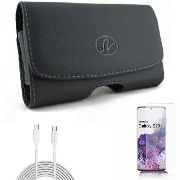 Screen Protector w Case Belt Clip w 10ft Long Type-C Cable for Samsung Galaxy S20 Plus - Tempered Glass [Fingerprint Unlock] 3D Curved Edge, Leather Swivel Holster, Fast Charger fits Galaxy S20 Plus