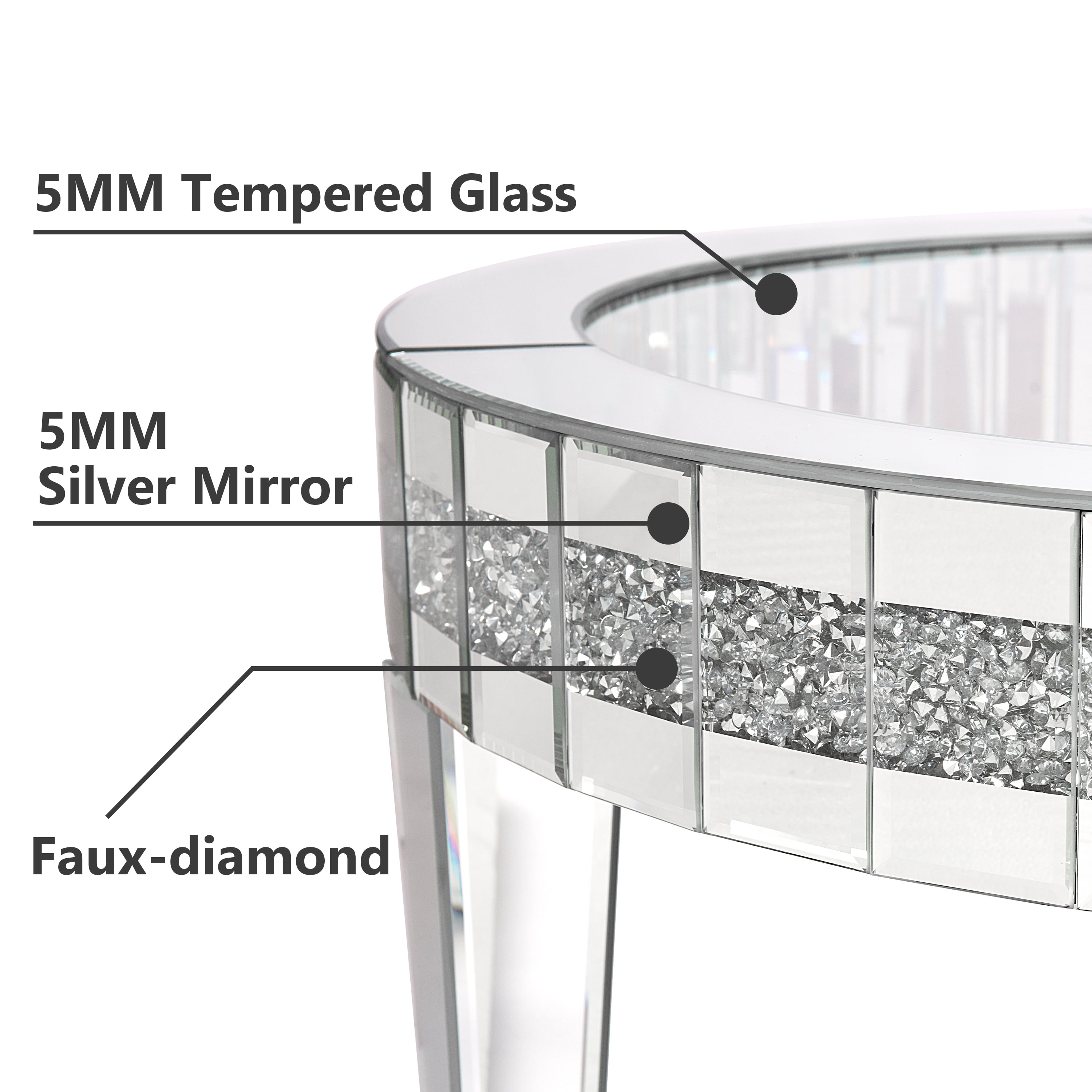 35.5'' Round Glass Top Coffee Table with Crystal Inlay Modern Round Coffee Table Silver Accent Table for Living Room Decor