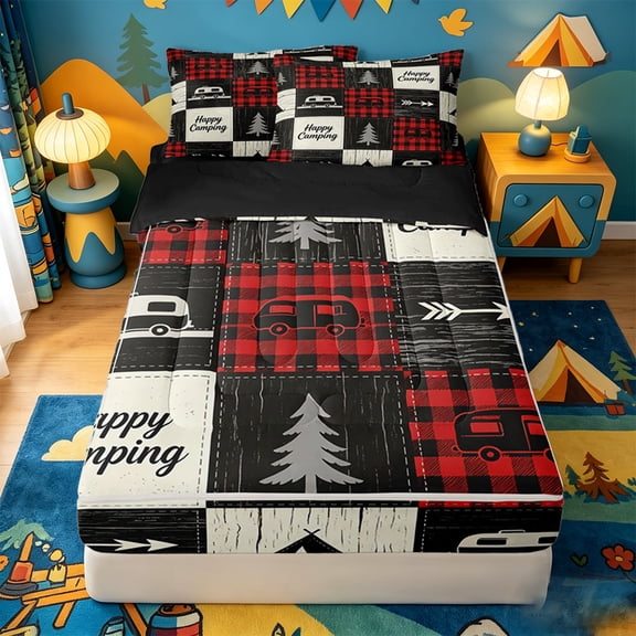 catabedysis Geometric Grid Camping Zipper Twin Comforter Sets with Fitted Sheet and 2 Pillowcases,Happy Camping Patchwork Print Zipper Bedding Set For Boys,Multicolor,Black Reversible,4-Piece
