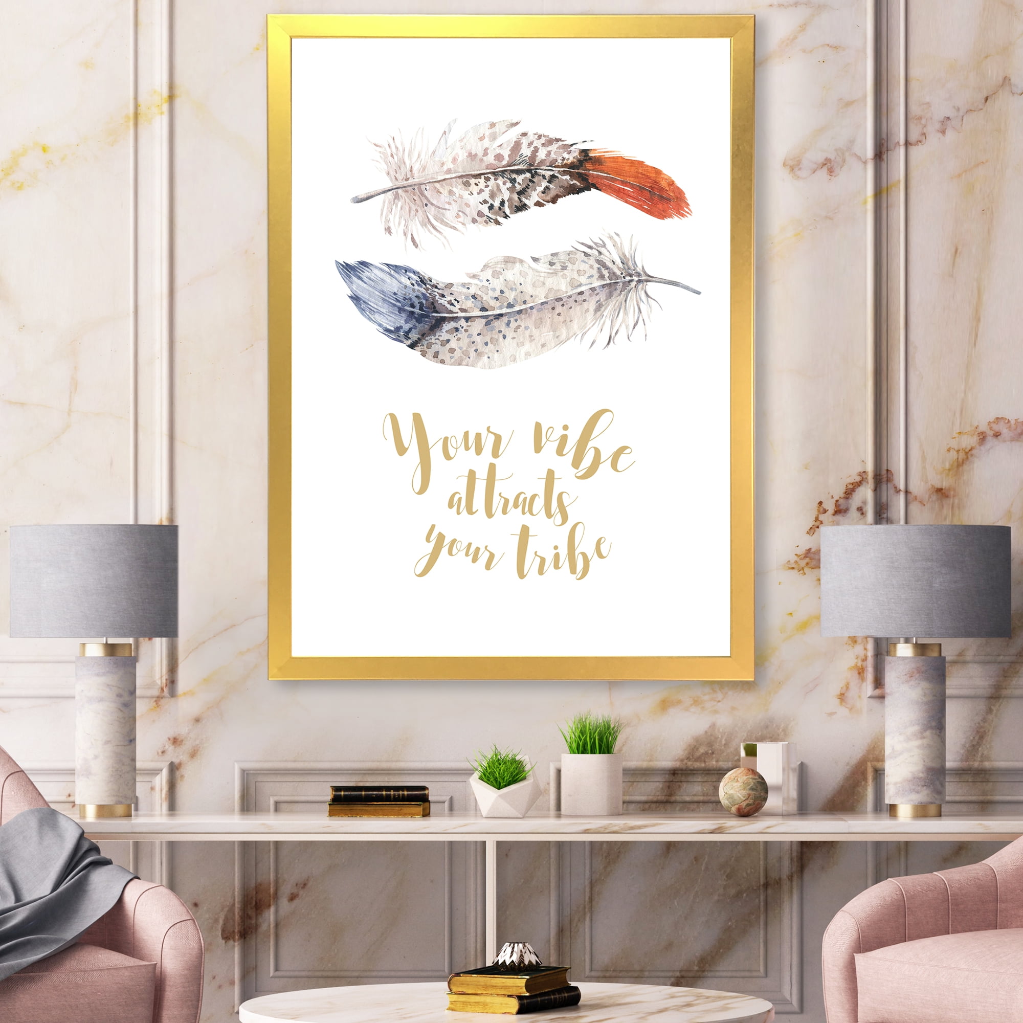 Designart 'Your VIbe Attracts Your Tribe Two Feathers ' Bohemian & Eclectic Framed Art Print