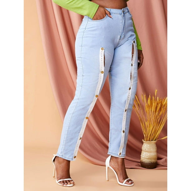 Jeans Talla Extra Ajustados Abotonado Cinta Frontal Rosegal Vaqueros de talla grande