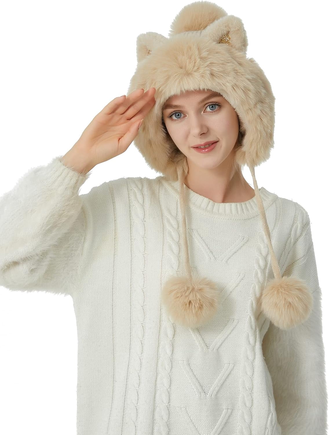 Women Winter Cover Ears Beanie Hat Ear Flaps Ski Snow Hats Knit Fleece Lined 3 Pom Pom