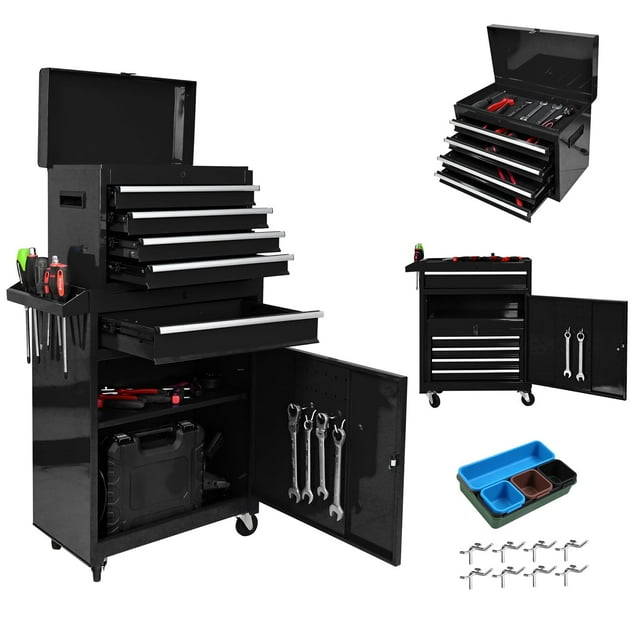 Yiwa Coffre à Outils Robuste avec 5 Tiroirs, Armoire de Rangement Mobile en Acier, Conception 2-en-1 avec Séparateurs de Plateau et Roulettes Verrouillables