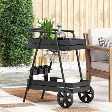 Bar Cart, Modern Industrial with Wine Holders, Iron Frame 27.25W x17D x31.75H | Iron | Matte Silver