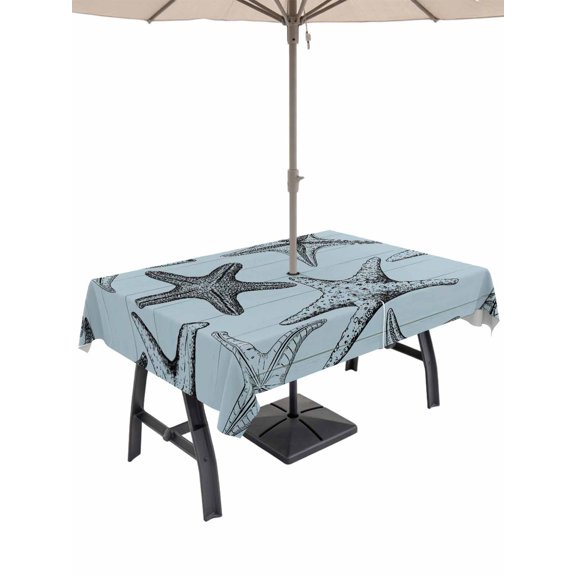 Outdoor Tablecloths with Umbrella Hole & Zipper, Teal Blue Starfish 54x80 Inch Tablecloth Rectangle, Coastal Ocean Summer Sea Nautical Waterproof Table Cloth, Patio/Pool/Picnic Table Covers