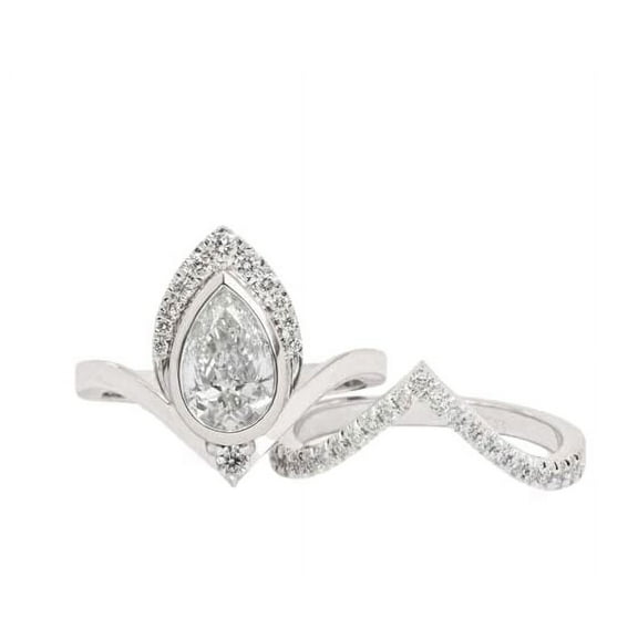HeartsAndYou 2.4ct Pear Moissanite Crown Chevron Curved Engagement Ring for Women Set 18k White Gold over Silver