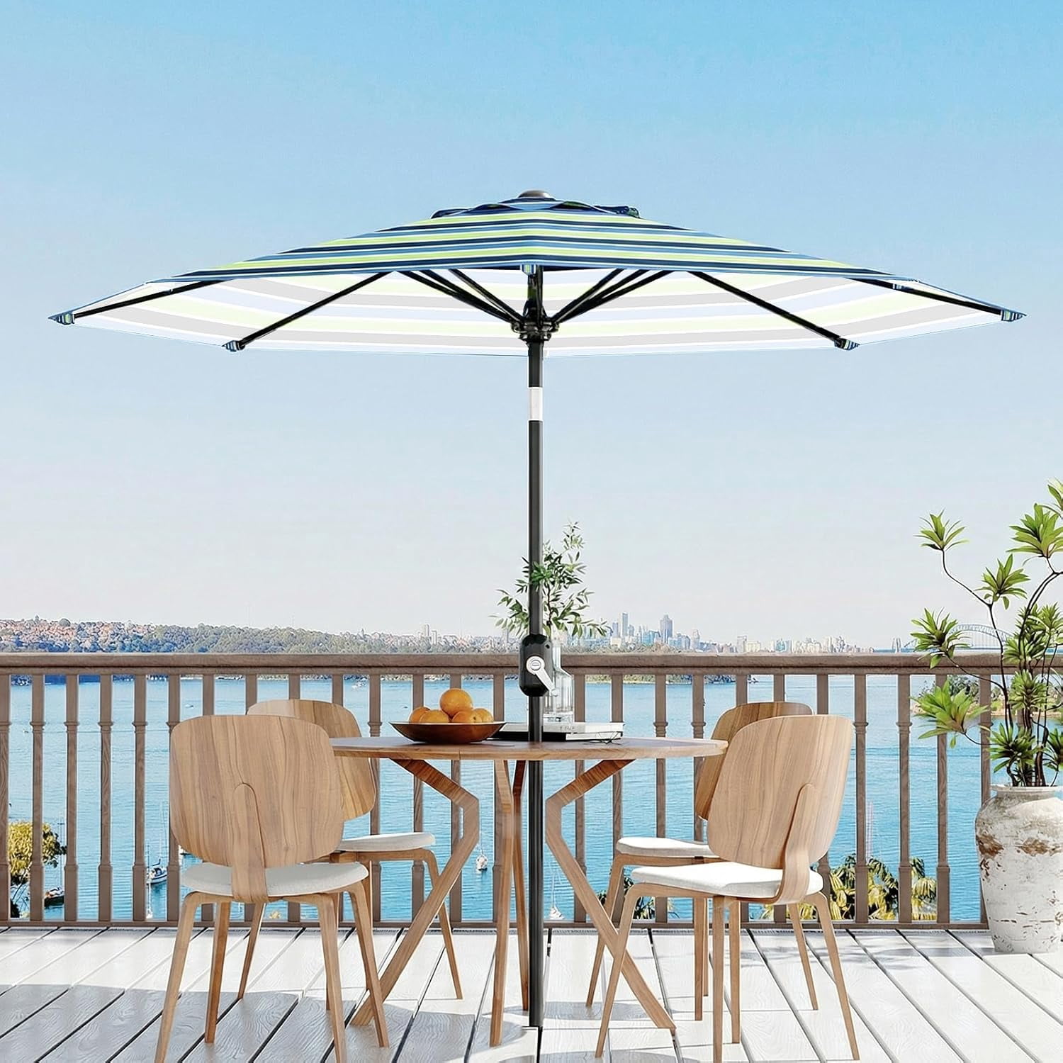10 ft Outdoor Patio Umbrella 8 Sturdy Ribs Outdoor Table Umbrella with Crank Lift & Push Button Tilt - UV Protection Waterproof Market Umbrellas for Pool, Deck, Yard, Garden, Tricolor Stripes