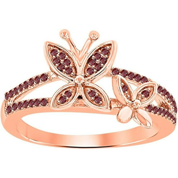 925 Sterling Silver 14K Rose Gold Plating Round Cut Gemstone Red Garnet Butterfly Engagement Ring For Women