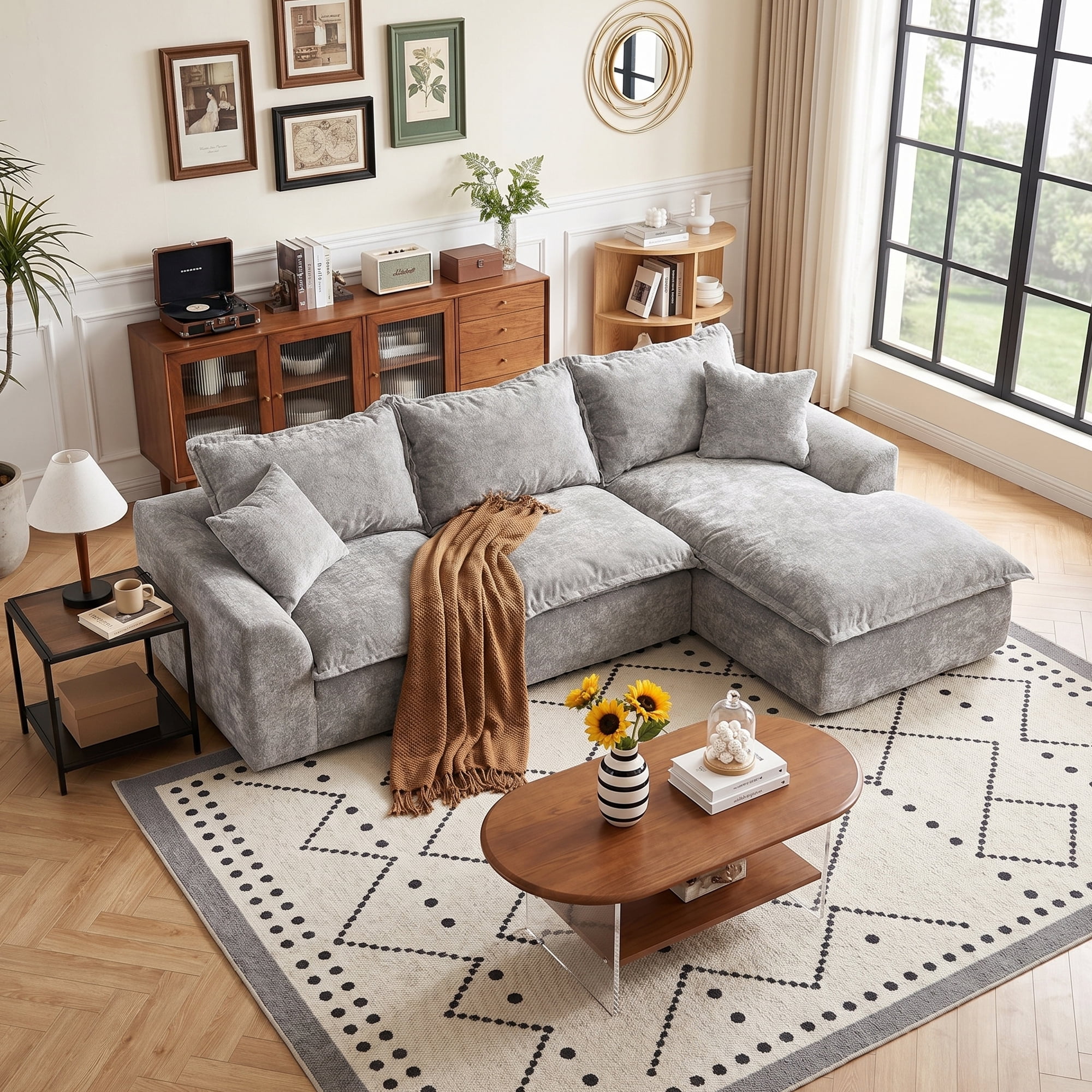 LEHZROAJ 103" Chenille Compressed Sofa,L Shaped Sectional Couch Pillows No Assembly Required for Living Room(Gray,Right)