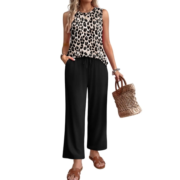 WIHOLL Two Piece Set for Women Summer Sleeveless Crewneck Lounge Top Wide Leg Drawstring Pants With Pockets Vacation Travel Outfits