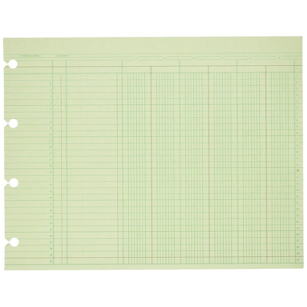 Green Columnar Ruled Ledger Paper, 6 Columns and 30 Lines per Page, 9.25 x 11.88 Inches, 100
