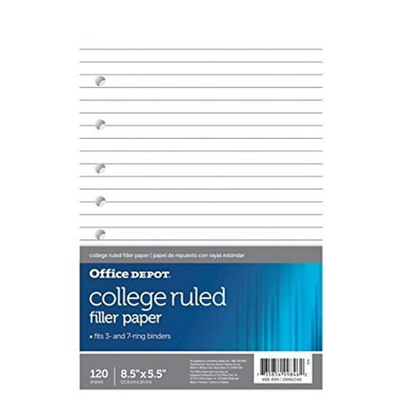 office depot brand filler paper, college-ruled, mini binder paper, 7-hole punched, 8-1/2" x 5-1/2", 120 sheets