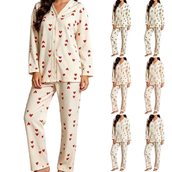 Naittoop Womens Pajama Set Long Sleeve Button Down 2 Piece Heart Print Sleepwear Cute Shirt Long Pants Matching Sets