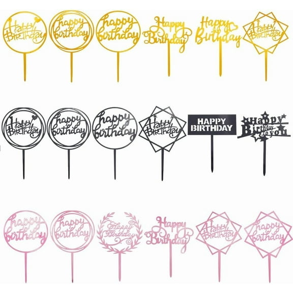 18Pcs Gold Happy Birthday Cupcake Picks Cake Signs Toppers Acrylic Colorful Insert Cards Small Hollow Word Sticks Set Accessories for Party Wedding Cakes Supplies DIY Craft Decoration Colorful