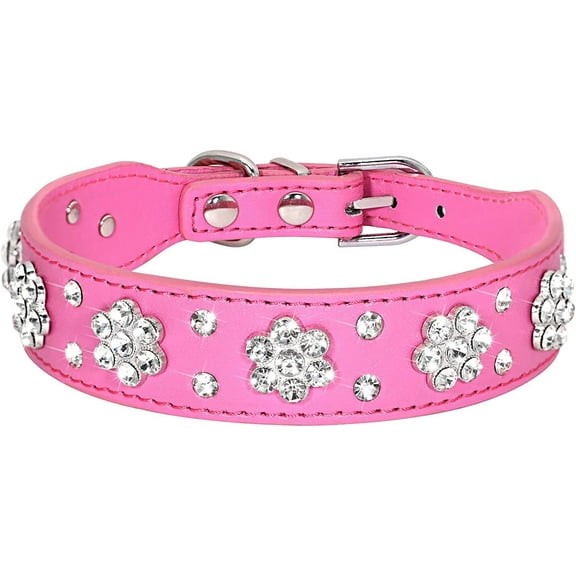 Serijoars Rhinestone Dog Collar - Cute Flower Bling PU Leather Collar for Cats and Dogs, Adjustable Sizes XS Small Medium
