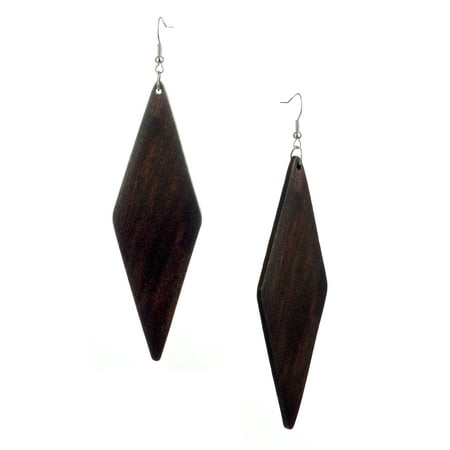 Pewter Dangle Pierced Earrings - Women's Wooden Elongated Diamond Shape Dangle Pierced Earrings, Brown