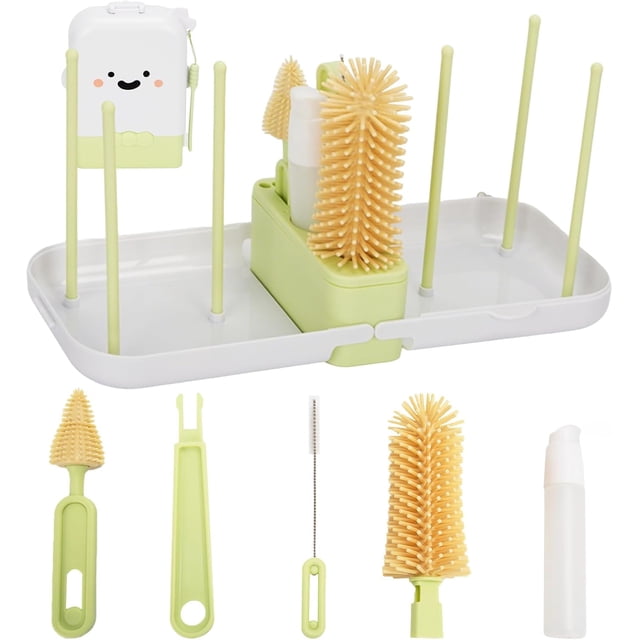Kit de Cepillos para Biberones 6 en 1, Limpiador de Botellas con Cepillo para Tetinas, Pajillas y Dispensador de Jabón, Set Portátil para Bebés