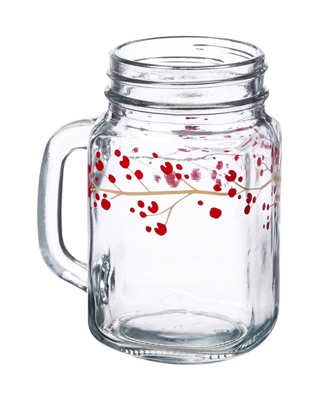 Holiday Farmhouse Mason Jar Glass Cups, Set of 4, w/ Caddy