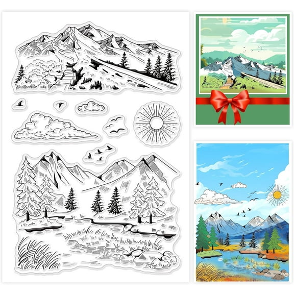 Natural Scenery Silicone Clear Stamps with Mountain Tree River Pattern for DIY Scrapbooking Photo Album Decoration Paper Craft 6.3x4.3 Inches