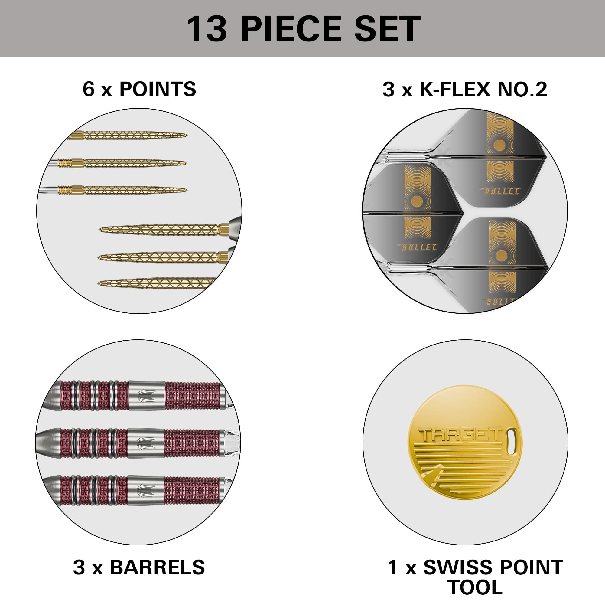 Target Darts Stephen Bunting 95K Swiss Point Steel Tip Dart Set, 18G | Kflex Flights & Shafts, The Bullet Player Edition 95% Tungsten Darts, Spare Gold DX Points & Premium Keyring SP Tool