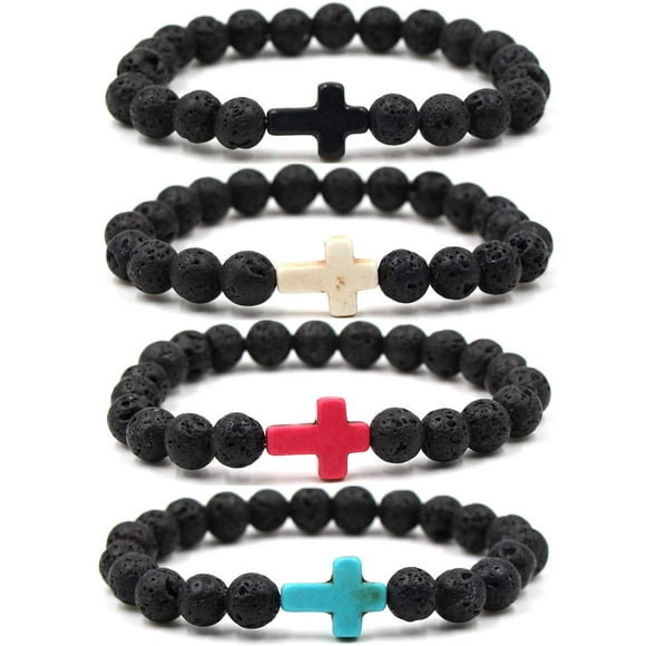 Softones 4PCS Cross Beads Bracelet for Men Women 8mm Healing Lava Stone Stretch Bracelets,7.5"