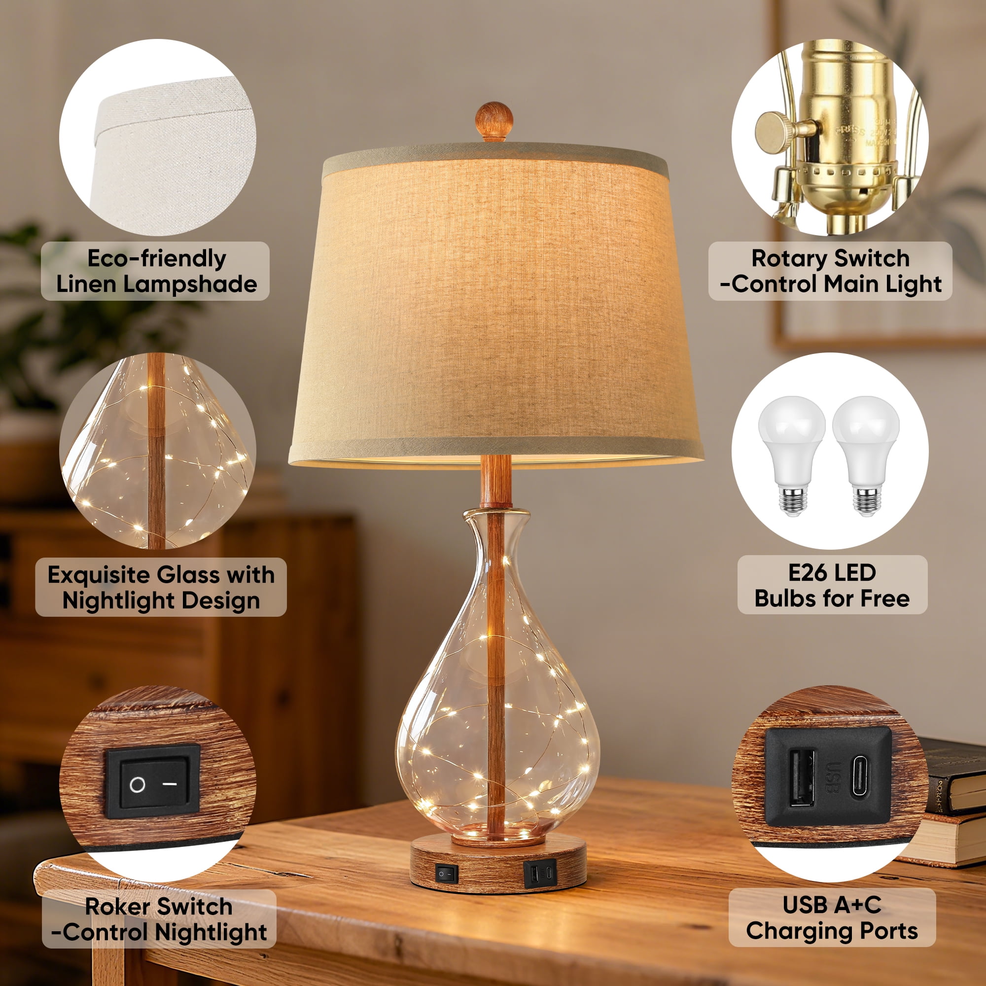 Farmhouse Table Lamps Set of 2 with Night Light, Mid Century Modern Bedside Lamps for Living Room, Glass Nightstand Lamp with USB A+C Ports, Rustic Vintage Table Lamp for Bedroom