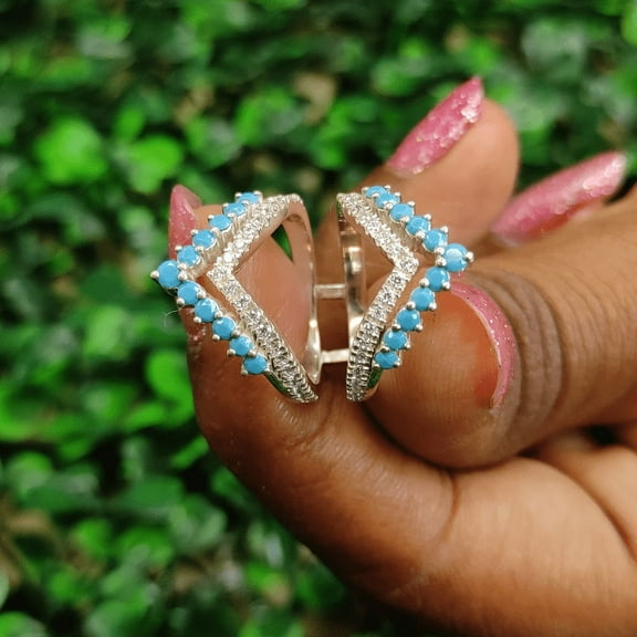 Round Cut Diamond & Turquoise Ring Enhancer in 925 Sterling Silver Wedding Ring Guard