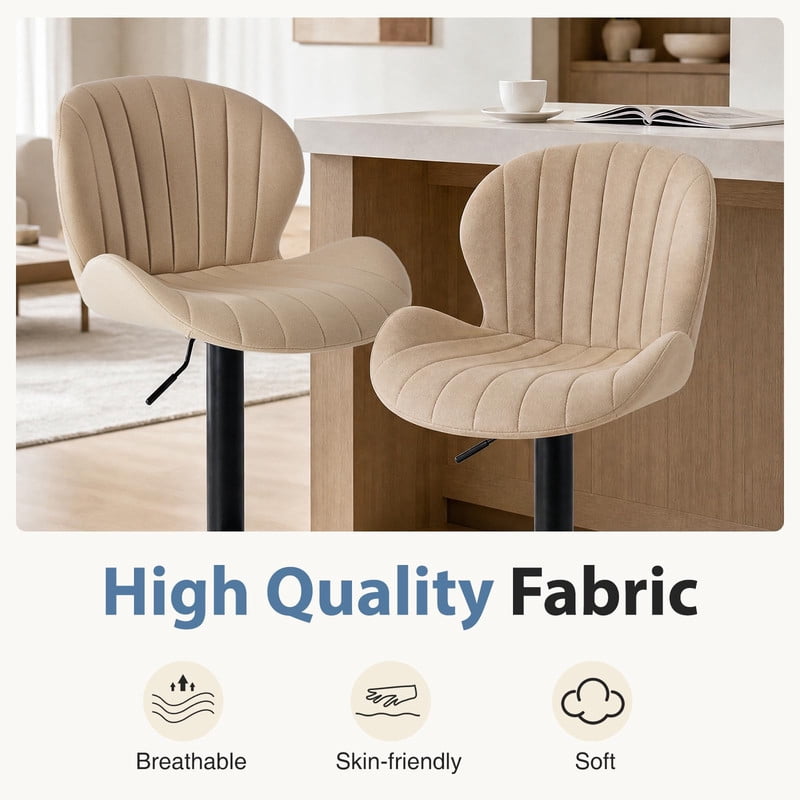 Kelno Swivel Bar Stools Set of 2 Adjustable Height Linen Seat with Backrest 360° Swivel for Kitchen Island, Beige