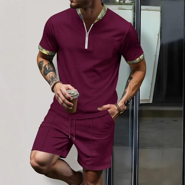 Styesk Pièces Tenues pour Hommes 2 Pcs Mode Décontractée Manches Courtes Col Rabattu Pantalon Ensemble Deux Taille Élastique