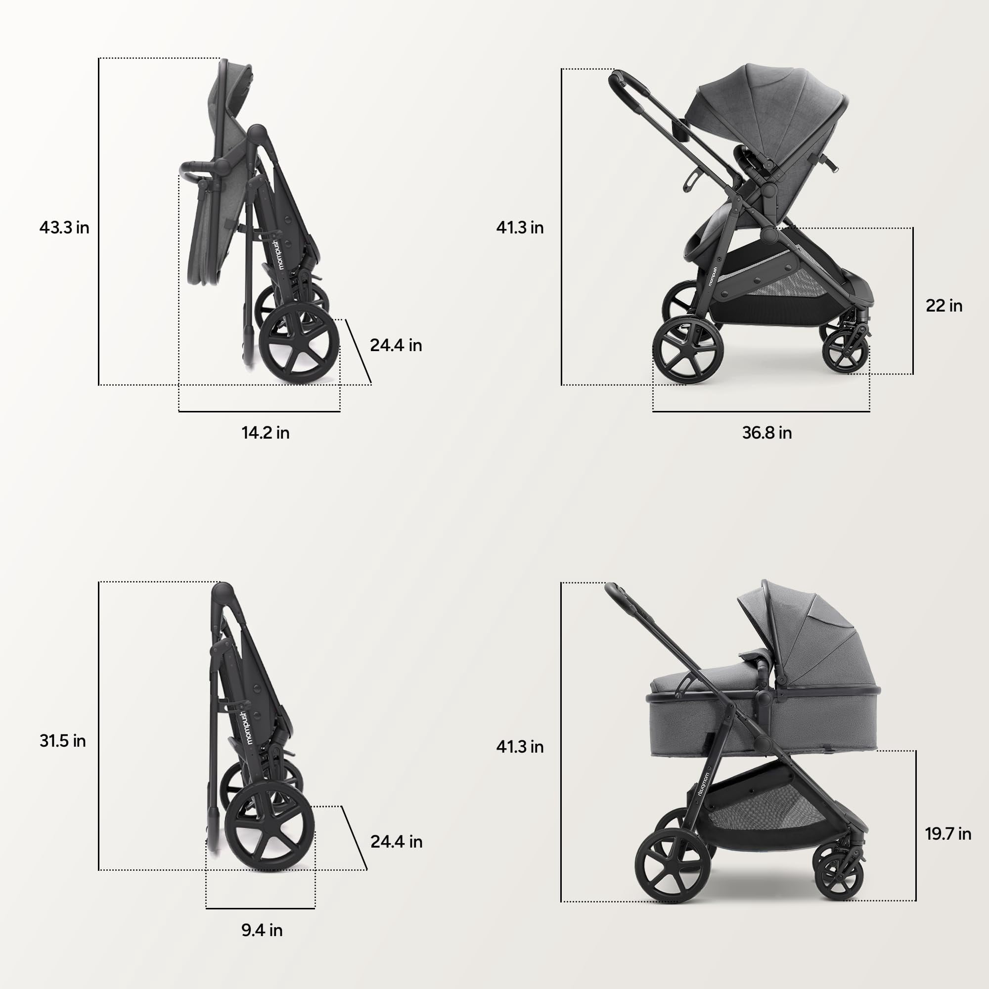 Mompush Wiz 2-in-1 Baby Stroller with Bassinet Mode, Reversible Seat and Large Canopy, Grey, 22.3LB, Unisex