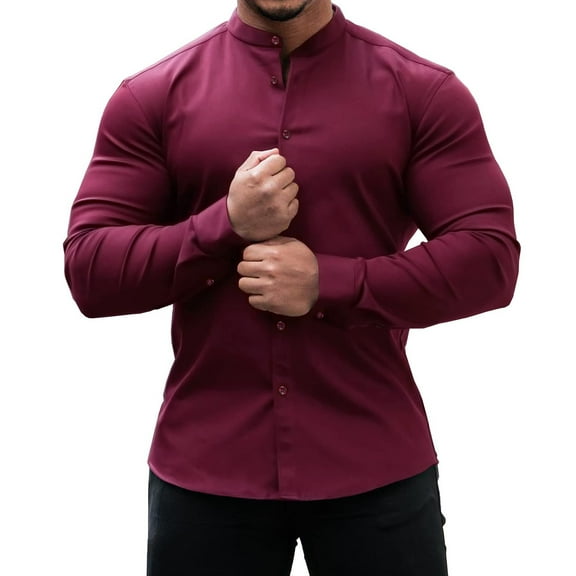 Men'S Simple Slim T-Shirt Blouse Men Dress Shirts Slim Fit Stretch Banded Collar Long&Short Sleeve Casual Button Down Shirt