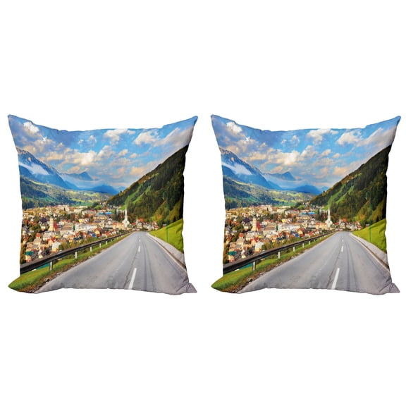 Ambesonne Landscape Throw Pillow Cover 2 Pack, Road Alps Small Town, 24", Multicolor