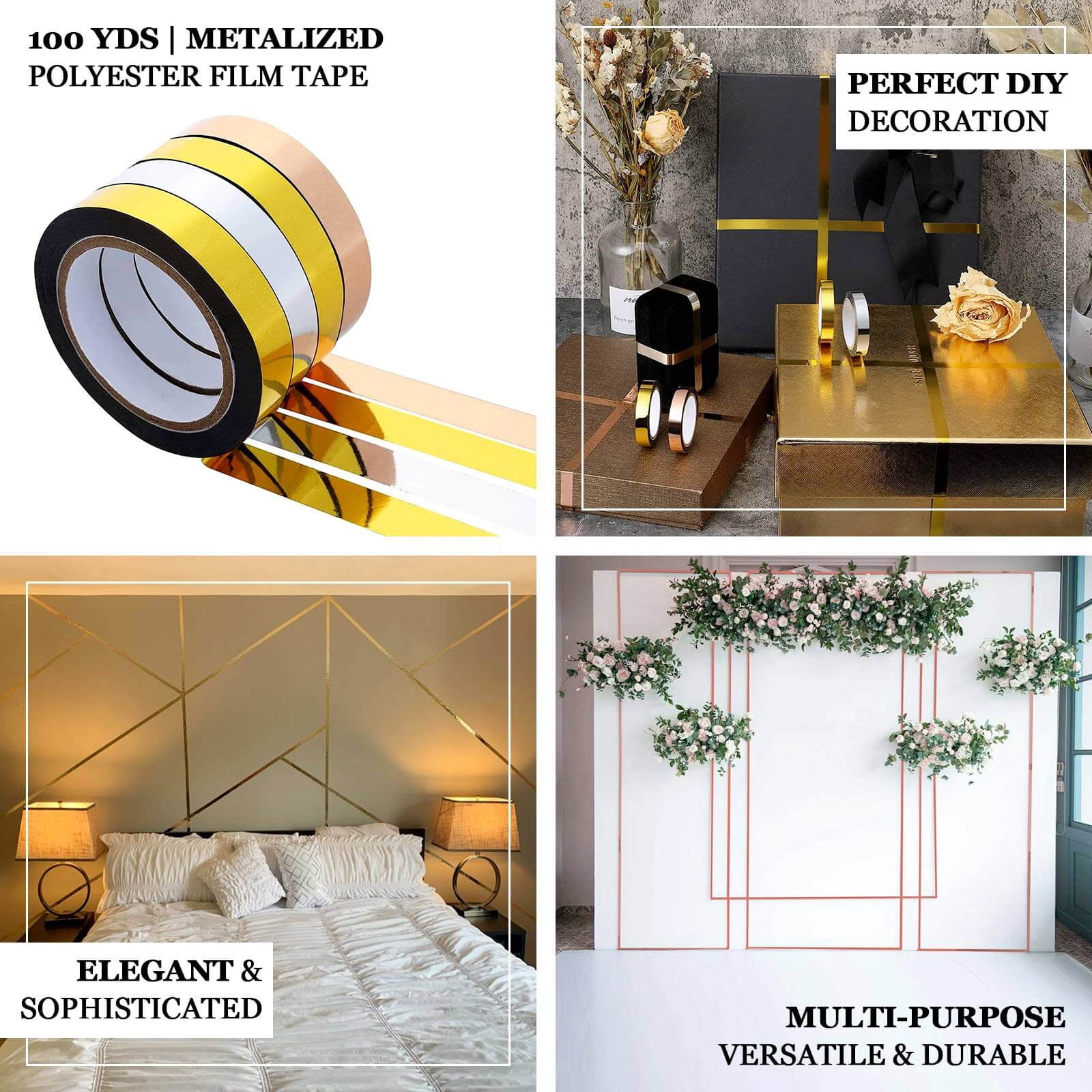 Efavormart 100 Yds | 1" Gold Metalized Film Tape, DIY Floral Wrap Decor Craft Tape - Polyester with Acrylic