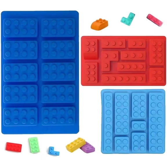 Non-stick building block shaped ice cube silicone mold, candy mold, chocolate mold, suitable for children's parties and baking theme cakes, muffins, cupcakes, chewing gum jelly (set of 3)