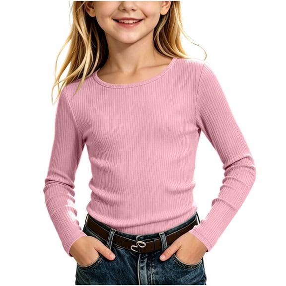Khunlpohl 5-13 Years Girls Shirts Round Neck Solid Color Slim Undershirts Ribbed Long Sleeve Lounge Clothes for Kids