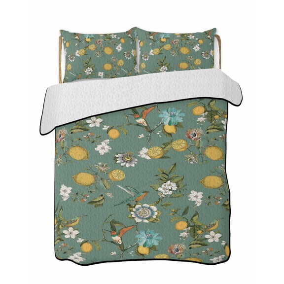 Quilt King Size Bedding Set, Green Botanical Reversible Summer Quilt 3 Pieces, Spring Floral Summer Lemon Birds Lightweight Bedspreads Coverlets with 2 Pillow Shams for All Seasons