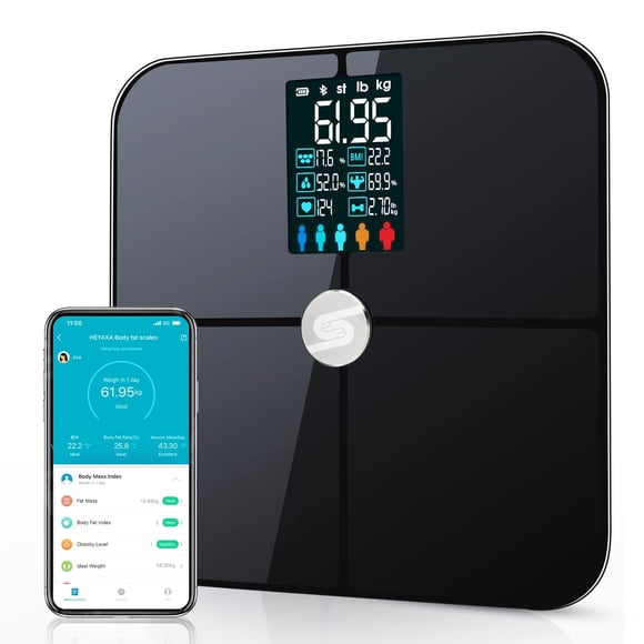 HEYAXA Báscula inteligente para peso corporal Báscula de peso digital con pantalla LCD grande 17 Analizador de composición corporal Sincronización con la aplicación Báscula de grasa corporal para baño