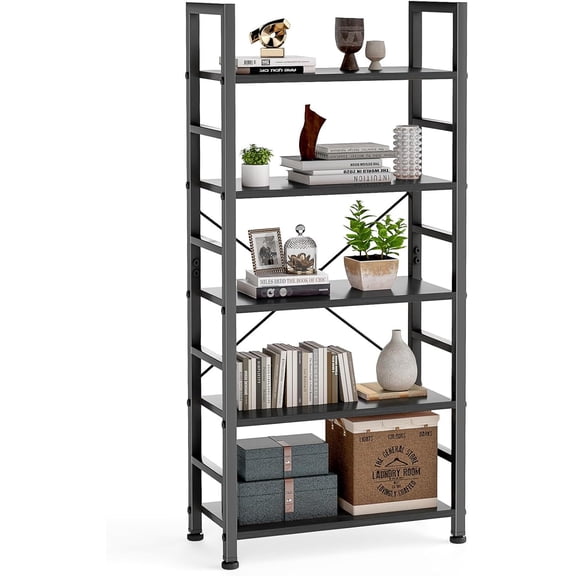 Bigleap 5-Tier Bookshelf, 62.2" Industrial Tall Storage Shelf, Modern Bookcase for Living Room, Home Office, Bedroom, Black