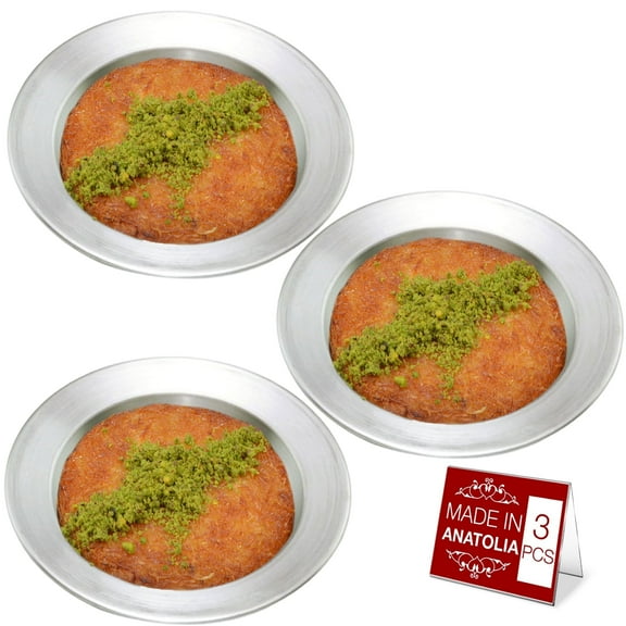 Hakan Kunafa Serving Plate for Shredded Kadaifi, Aluminum Pan for Baking and Serving Knafeh, Set of 3, Silver, 6.8”