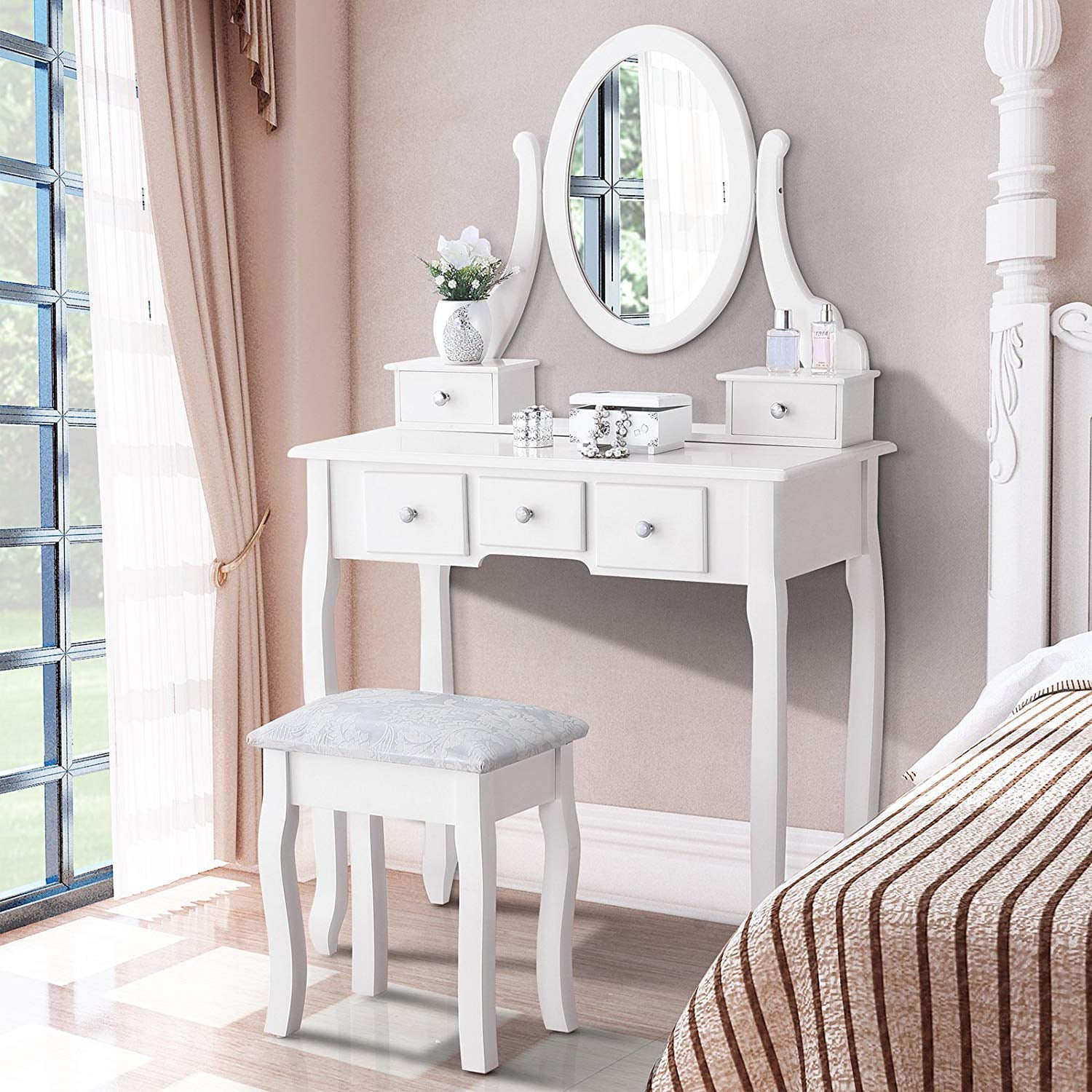 Mecor Vanity Table Oval Mirror,Makeup Vanity Set Cushioned Stool Wood Dressing Table with 5 