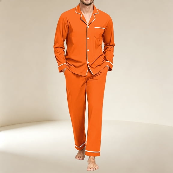 Mens 2 Piece Notch Collar Pajama Set Button Down Long Sleeve Long Pant Soft Sleep Loungewear Orange M